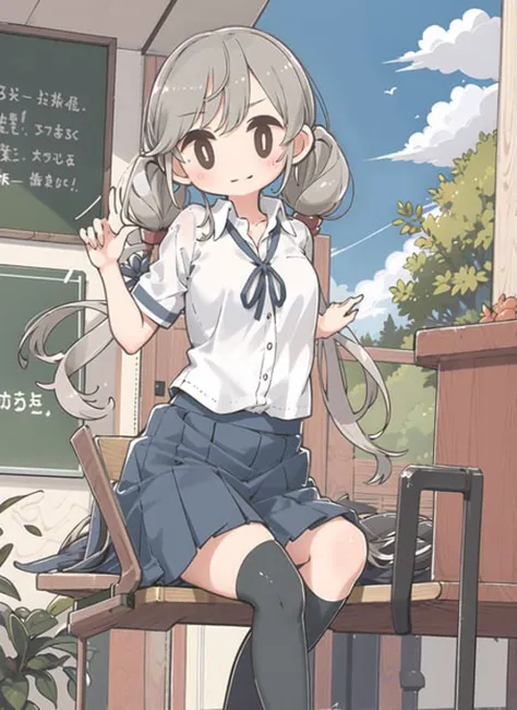 1girl, school uniform,grey hair, brown eyes,multicolored hair,twintails,black thighhighs,sitting, outdoors,arms behind back,classroom,windows,
<lora:moffmachi_style-LoRA-V1-000015:1.2>