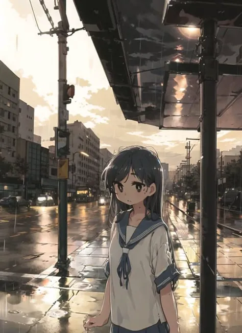 rain,neon,bus stop, The sun shines through the clouds.dawn
(upper body), 1girl,serafuku, bare legs, long hair,, wet,black hair, brown eyes,
wolf's rain, dark cloud,dim street,A splash of rain,ground vehicle
<lora:moffmachi_style-LyCORIS-any-000022:1.2>