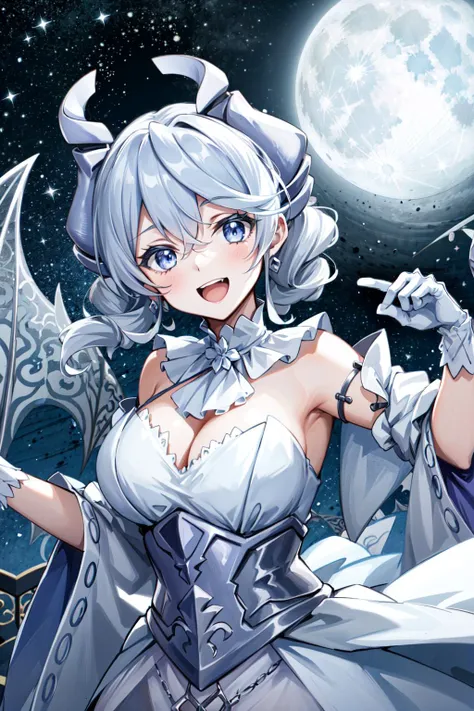 masterpiece, best quality, 1girl, horns, dress, white gloves, Ornate, laughing, night, moon