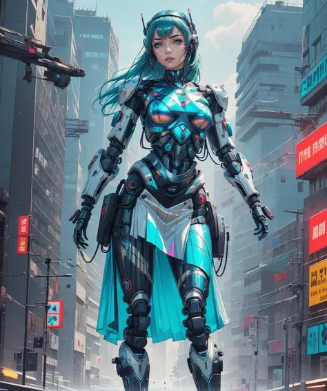 8k, Best Quality, Masterpiece, 1 girl (futuristic object:1.3), (cybernetic robot:1.3), cyberpunk, scifi, futuristic, soft lighting, intricate, dynamic pose, (skirt), slightly iridescent cybernetic parts, mechanical body parts, cybernetic body parts, (cyborg:1.2), futuristic outfit, cybernetic outfit, Electric Cyan hair, cyberpunk outfit, <lora:iridescent_clothing-1.0:0.65>