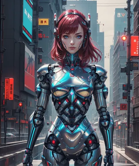 8k, Best Quality, Masterpiece, 1 girl, (cybernetic robot:1.3), cyberpunk, scifi, futuristic, soft lighting, slightly iridescent cybernetic parts, mechanical body parts, cybernetic body parts, (cyborg:1.2), futuristic outfit, cybernetic outfit, Burgundy hair, cyberpunk outfit, <lora:iridescent_clothing-1.0:0.45>