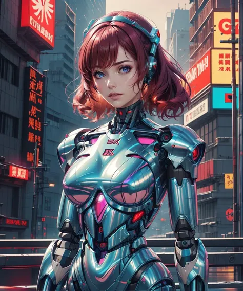 8k, Best Quality, Masterpiece, 1 girl, (cybernetic robot:1.3), cyberpunk, scifi, futuristic, soft lighting, slightly iridescent cybernetic parts, mechanical body parts, cybernetic body parts, (cyborg:1.2), futuristic outfit, cybernetic outfit, Burgundy hair, cyberpunk outfit, <lora:iridescent_clothing-1.0:0.45>