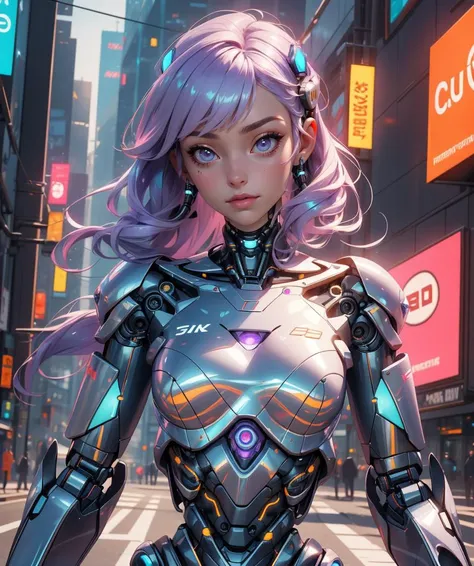 8k, Best Quality, Masterpiece, 1 girl, (cybernetic robot:1.3), cyberpunk, scifi, soft lighting, slightly iridescent cybernetic parts, mechanical body parts, cybernetic body parts, (cyborg:1.2), cybernetic outfit, Thistle Violet hair, <lora:iridescent_clothing-1.0:0.45>