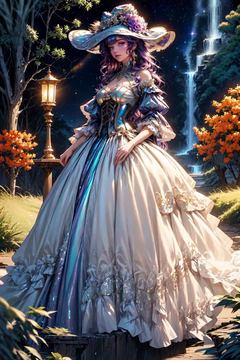 (masterpiece, best quality, detailed, ornate, high resolution, vibrant colors, iridescent, glowing, glittering), glossy, shiny, (solo:1.2), medium hair, hat flower, iridescent dress, violet theme, looking at viewer, corset, (starry night), lonely, waterfall, reflections, solitude, outdoors, nature, garden, wilderness, bushes, plants, comet, wrenchrococodome <lora:wrenchrococodome:1.0> <lora:iridescent_clothing-1.0:0.5>,