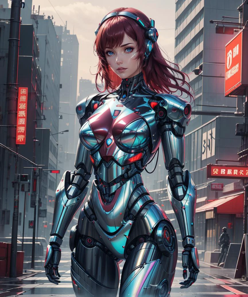 8k, Best Quality, Masterpiece, 1 girl, (cybernetic robot:1.3), cyberpunk, scifi, futuristic, soft lighting, slightly iridescent cybernetic parts, mechanical body parts, cybernetic body parts, (cyborg:1.2), futuristic outfit, cybernetic outfit, Burgundy hair, cyberpunk outfit, <lora:iridescent_clothing-1.0:0.45>