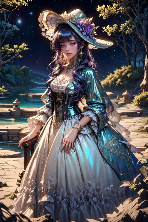 (masterpiece, best quality, detailed, ornate, high resolution, vibrant colors, iridescent, glowing, glittering), glossy, shiny, (solo:1.2), medium hair, hat flower, iridescent dress, violet theme, looking at viewer, corset, (starry night), lonely, waterfall, reflections, solitude, outdoors, nature, garden, wilderness, bushes, plants, comet, wrenchrococodome <lora:wrenchrococodome:1.0> <lora:iridescent_clothing-1.0:0.5>,