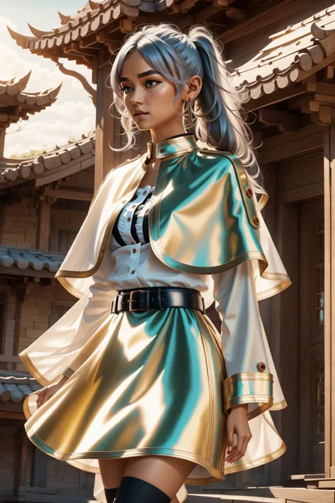 iridescent clothing,<lora:iridescent_clothing-1.0:1>, <lora:ФÑиÑен пÑовожаÑÑÐ°Ñ Ð² поÑледний пÑÑÑ(aafrie,long hair, white hair,twintails, pointy ears,earrings, thick eyebrows,(Ñм одеждÑ):0.7> aafrie, long hair, (white hair), 2twintails, pointy ears, earrings, thick eyebrows,green eyes, small breasts, flat,white capelet, striped shirt, long sleeves, belt, white skirt, black pantyhose, 1girl in full growth, best quality, masterpiece, ultra-detailed, high quality, perfect nose, highly detailed skin, warm skin tone, defiance512, RAW photo, best quality, high resolution, (masterpiece), dreamlike, dreamy, modelshoot style, analog style, tonemapping, photorealistic, professional photography, sharp focus, HDR, 8K resolution, intricate detail, sophisticated detail, hyper detailed, (depth of field), highlight and shadow, volumetric lighting, cinematic bloom, professional light, looking at viewer, blotchy,