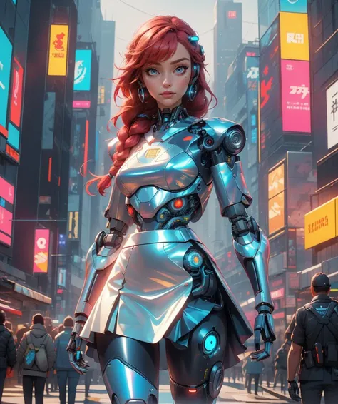 8k, Best Quality, Masterpiece, 1 girl (futuristic object:1.3), (cybernetic robot:1.3), cyberpunk, scifi, futuristic, soft lighting, intricate, dynamic pose, (skirt), slightly iridescent cybernetic parts, mechanical body parts, cybernetic body parts, (cyborg:1.2), futuristic outfit, cybernetic outfit, cyberpunk outfit, red hair braid over shoulder, <lora:iridescent_clothing-1.0:0.65>