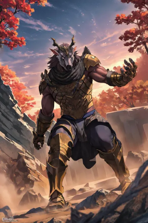 homonculus, autumn twilight sky, depth of field, heroic, fighting a battle, epic battle, using magic, fighting against mythologicall creature, supernatural, (masterpiece), (highest quality), highres, (extremely detailed), amazing, cinematic