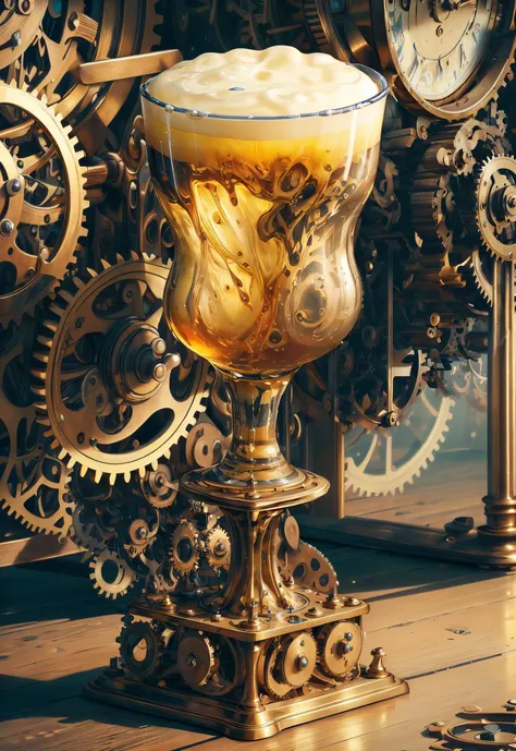 <lora:add_detail:0.4> <lora:FragRealityTech-20:0.8> (masterpiece, best quality, realistic, detailed, crisp:1.2), intricate details, fragrealitytech, ((pint) filled with yellow liquid, on a pedestal), clockwork, gears, metal shine, cogpunkai, <lora:SteamPunkBundleV3:0.6>