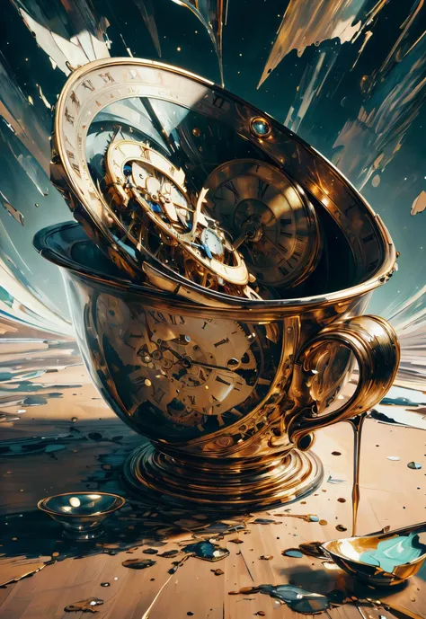 <lora:add_detail:0.4> <lora:FragRealityTech:0.8> (masterpiece, best quality, realistic, detailed, crisp:1.2), intricate details, fragrealitytech, (oil painting), (cup, clock:1.2), golden, galaxy background, shattered warped reality,