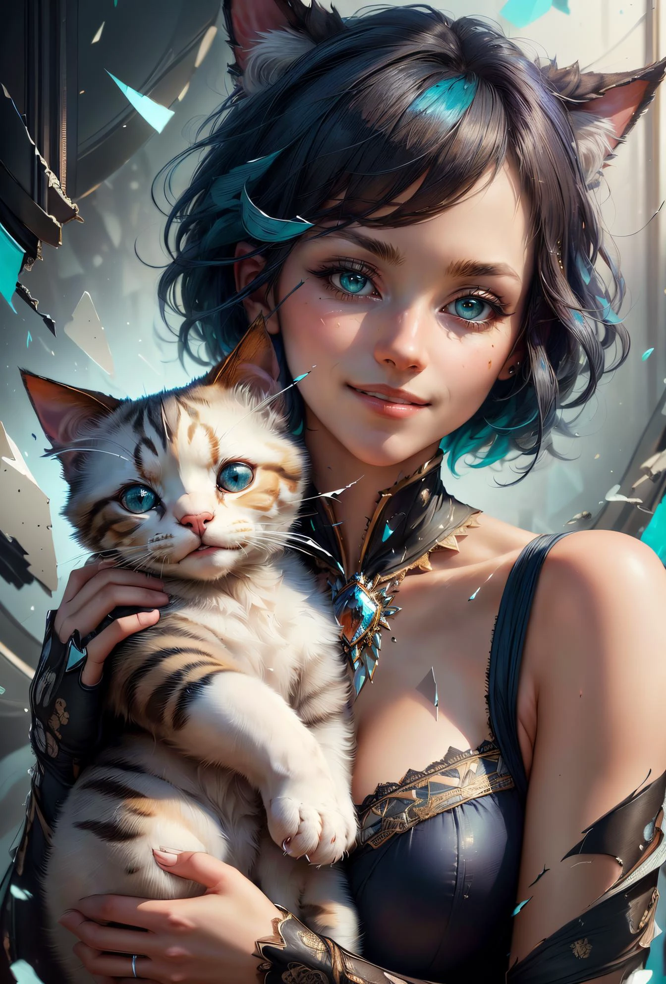 <lora:add_detail:0.4> <lora:GoodHands-vanilla:1> <lora:FragRealityTech:0.7> (masterpiece, best quality, realistic, detailed, crisp:1.2), intricate details, fragrealitytech, (1girl, dutch angle, picture of a beautiful girl, holding a cute cat), smiling, closed mouth, short blue hair, ribbons, shattered warped reality, <lora:epi_noiseoffset2:1>