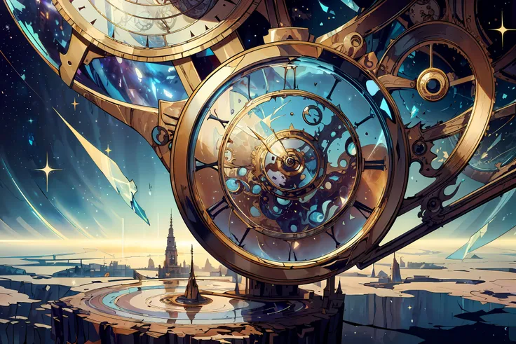 <lora:add_detail:0.4> <lora:FragRealityTech:0.6> (masterpiece, best quality, realistic, detailed, crisp:1.2), intricate details, fragrealitytech, (surrealism), (giant clock), whirlwind, black hole, style-swirlmagic, shattered warped reality, sparkles, universe background,