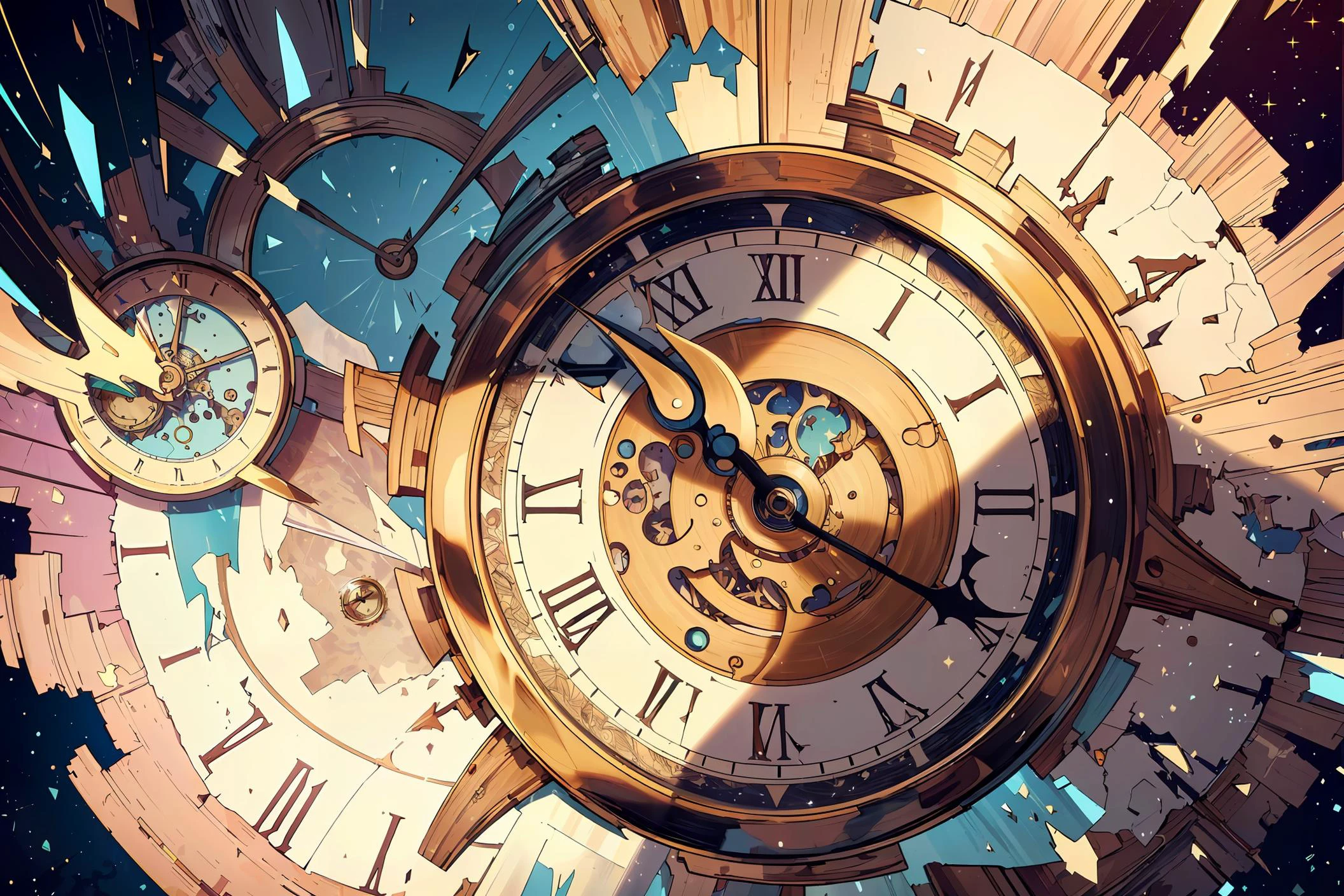 <lora:add_detail:0.4> <lora:FragRealityTech:0.6> (masterpiece, best quality, realistic, detailed, crisp:1.2), intricate details, fragrealitytech, (from above), (giant clock), shattered warped reality, sparkles, universe background,