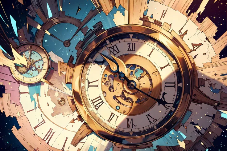 <lora:add_detail:0.4> <lora:FragRealityTech:0.6> (masterpiece, best quality, realistic, detailed, crisp:1.2), intricate details, fragrealitytech, (from above), (giant clock), shattered warped reality, sparkles, universe background,