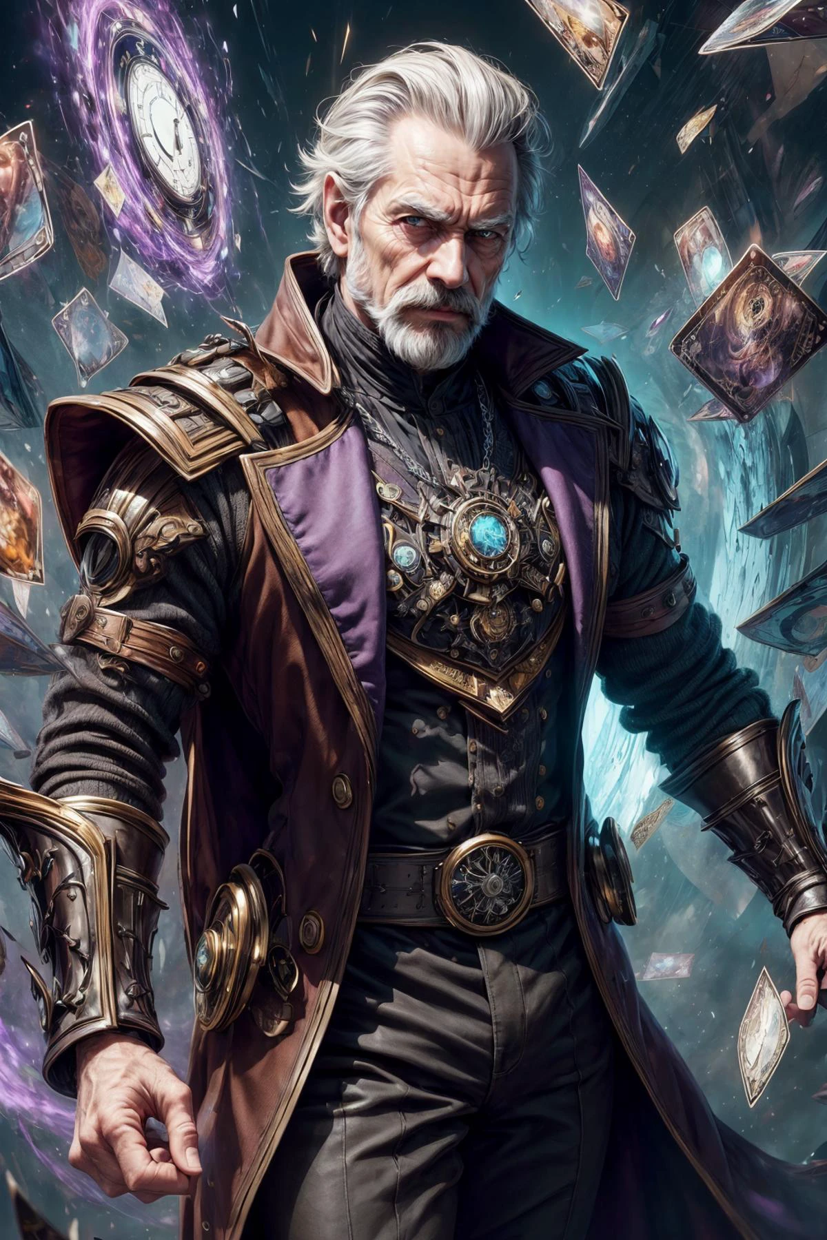 <lora:add_detail:1>
(1man, old welsh male:1.2), brown eyes, graying hair, mustache,
(style-swirlmagic:0.8), solo, half shot, detailed background, detailed face, (<lora:FragRealityTech:0.6>, shattered warped reality, scifi, fragrealitytech theme:1.1), evil smirk, (card-wizard:1.05), swindler, dark red magician outfit, dynamic pose, (cards floating in the air:1.15), swirling purple magic in background, ethereal atmosphere,