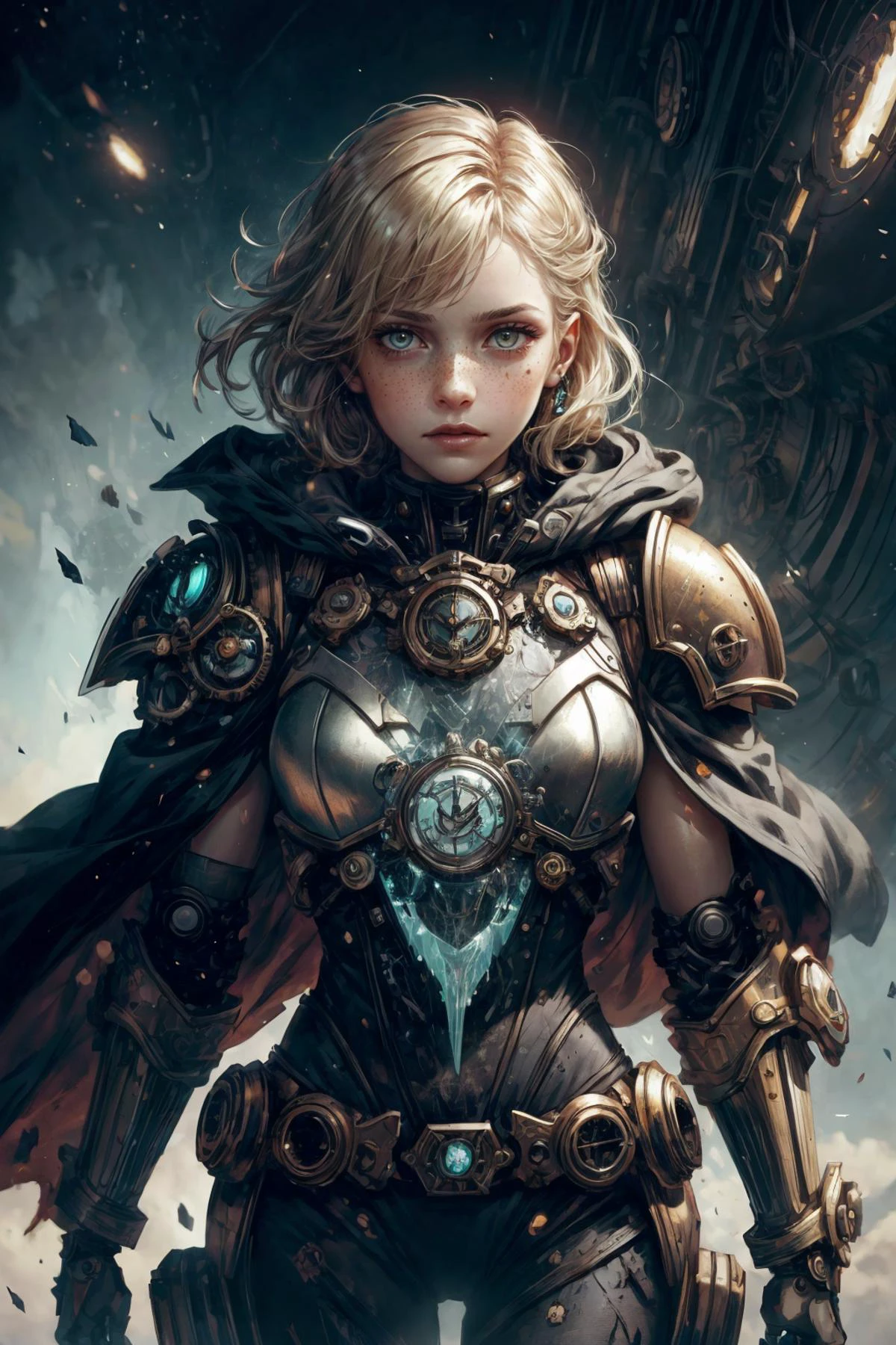 (masterpiece, best quality), photorealistic rendering, colorful paint style, <lora:add_detail:1>
1 girl, adult (elven:0.7) woman, freckles, jade eyes, medium blonde hair flaps,
style-rustmagic, solo, (full body:0.6), looking at viewer, detailed background, detailed face, (<lora:FragRealityTech:0.6>, scifi, fragrealitytech theme:1.1), warhammer 40k space marine, face, wearing black thick power-armor, large shoulder-plates, bloodied armor, melter weapon, (skull:0.7) shaped accessories, cloak, technological implants, determined expression, firing weapon, chapter leader, particle effects, sparks in background, intense atmosphere,