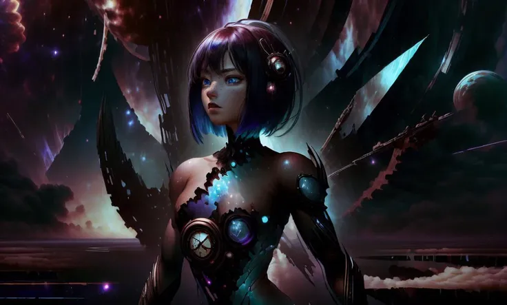 shattered warped reality, refractions, space time, blue and purple hues, cosmic, dark energy, (portrait), (adult woman), (1girl, solo), (nude), ((small breasts)), ((muscular)), abs, (black hair, medium hair), (blue eyes), (sensual, seductive), freckles, detailed skin, ((landscape, eclipse)), (best quality, high detail), ((masterpiece)), <lora:Cha - Anna v2.2:1> , (anna of arendelle),