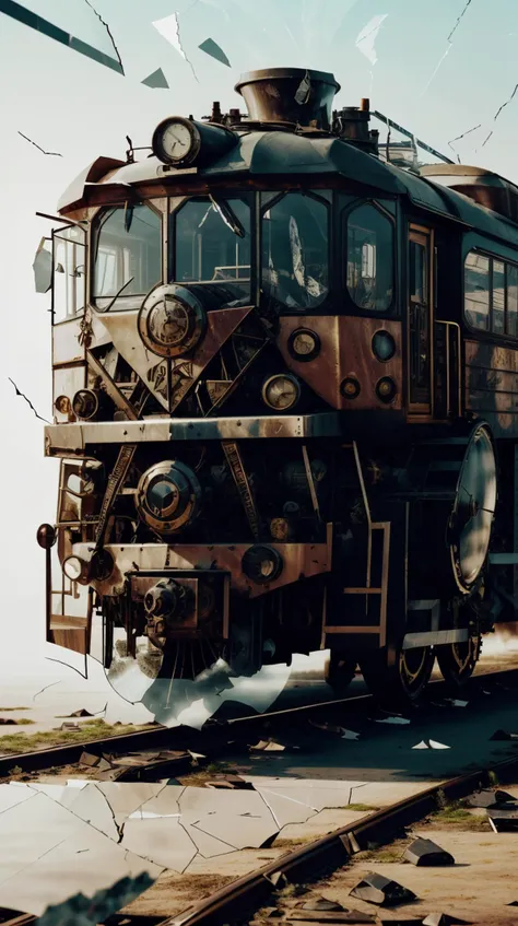 fragrealitytech locomotive train shattered warped reality scifi <lora:FragRealityTech-20:1>