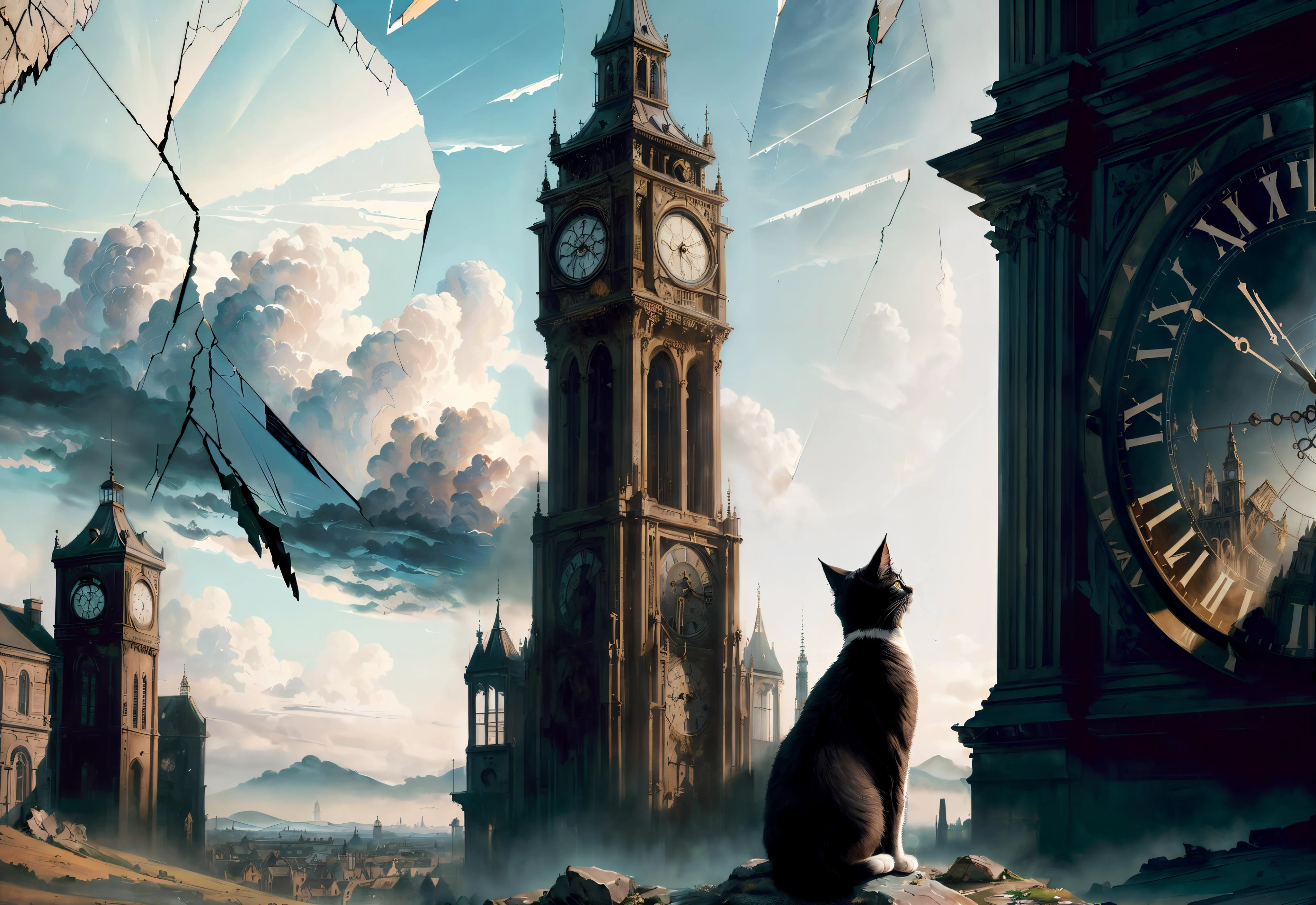<lora:add_detail:0.4> <lora:FragRealityTech:0.7> (masterpiece, best quality, realistic, detailed, crisp:1.2), intricate details, fragrealitytech, (oil painting, landscape, realistic portrait), (view from behind of a cat sitting on a stone looking at a big clock tower on the horizon), black clouds, approaching storm, shattered reality, light rays piercing the sky, shattered ground,