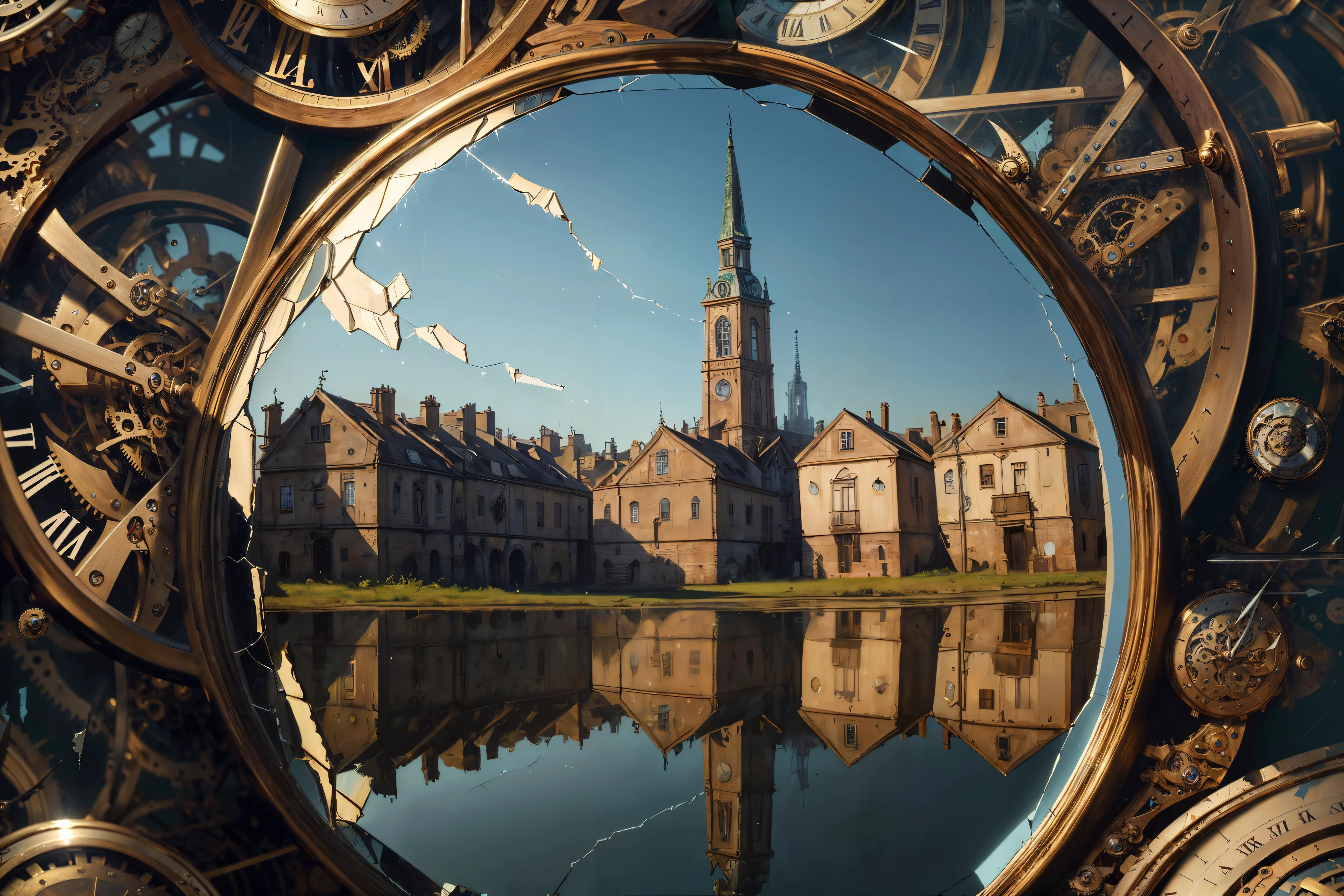 <lora:add_detail:0.4> <lora:FragRealityTech:0.7> (masterpiece, best quality, realistic, detailed, crisp:1.2), intricate details, fragrealitytech, (oil painting), (clock mechanisms), shattered reality, shiny, highly reflective