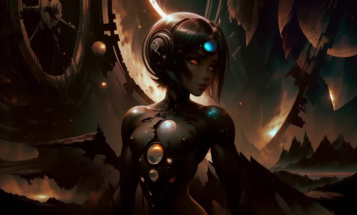 shattered warped reality, refractions, space time, cosmic, dark energy, wraith, (portrait), (adult woman), (1girl, solo), (nude, completely nude), ((small breasts)), ((muscular)), abs, pointy ears, (black hair, medium hair), (orange eyes), (sensual, seductive), freckles, detailed skin, ((landscape, eclipse)), (best quality, high detail), ((masterpiece)), <lora:Cha - Anna v2.2:1> , (anna of arendelle),