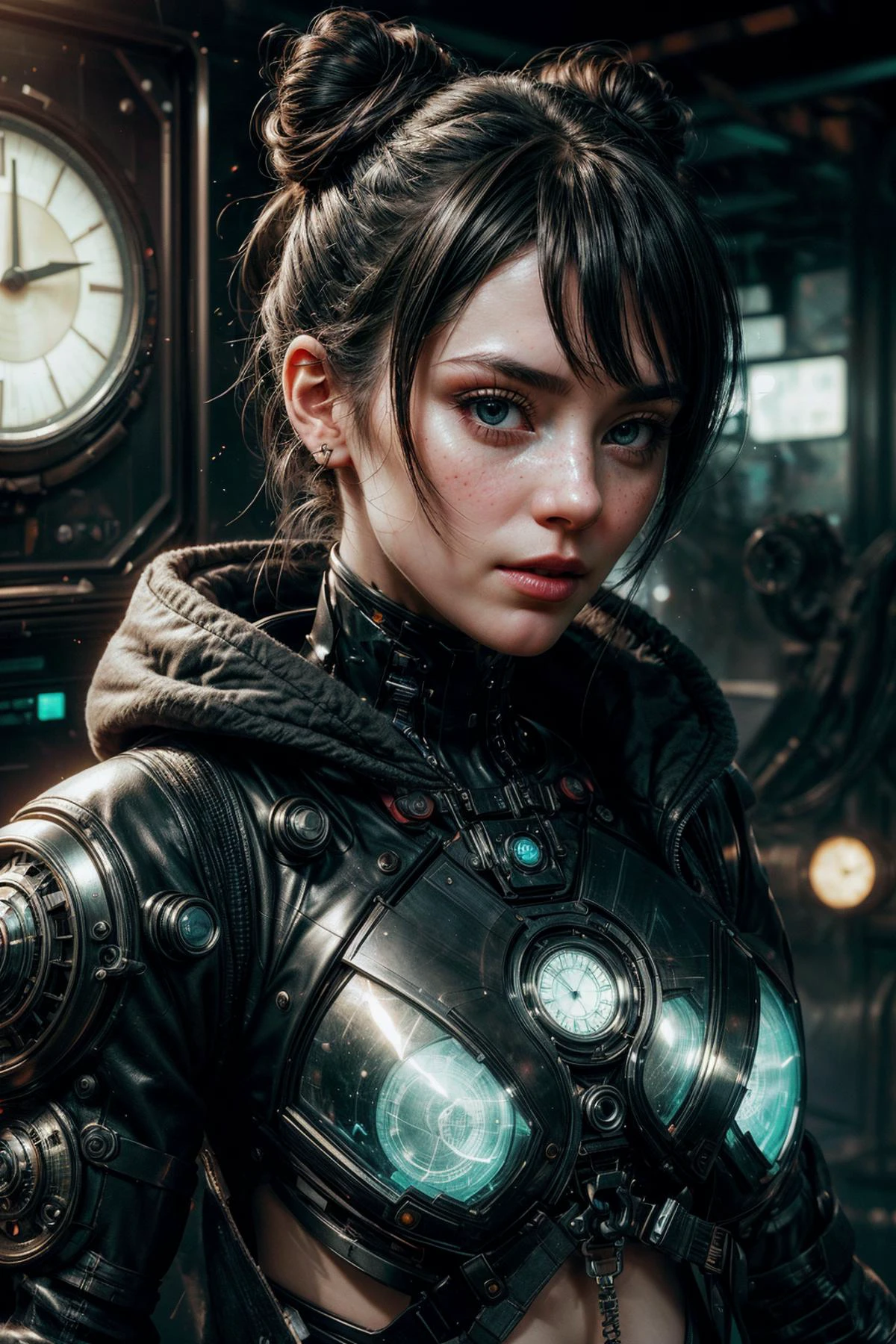realistic style, 8k, exposure blend, medium shot, bokeh, (hdr:1.4), high contrast, (cinematic), (muted colors, dim colors, soothing tones:1.3), low saturation, (hyperdetailed:1.2), 3d render, cgi, symetrical, octane render, 35mm, bokeh, (intricate details:1.15), <lora:add_detail:0.8>, <lora:FujiVelvia50:0.4>,
1 girl, adult woman, freckles, blue eyes, black bun hair,
portrait, looking away, solo, half shot, detailed background, detailed face, (<lora:FragRealityTech:0.6>, shattered warped reality, scifi, fragrealitytech theme:1.1) evil high-tech futuristic hacker, advanced technology, coat, techwear, keycard, electronics, blue (holographic display:1.05), error message, encrypted symbols, cybersecurity, hacker van in background, stealth, dark sinister atmosphere,