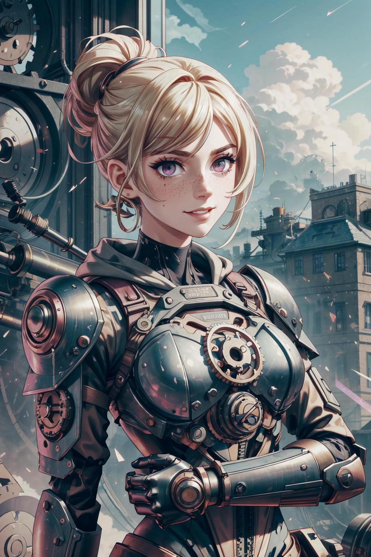 <lora:add_detail:0.75>, <lora:stylesqueeze_v1b:1.0>, <lora:anime3d:0.25>, <lora:sharpen-soften:-0.5>,
1 girl, adult  woman, freckles, pink eyes, blonde updo hairstyle, 
(style-swirlmagic:0.9),  portrait, (bloody wounds:0.7), looking at viewer, solo, half shot, detailed background, (<lora:FragRealityTech:0.6>,   fragrealitytech theme:1.1) crazed smile, dynamic pose, bright clouds engineer, floating gears, brown patched mechanical armor with straps, techwear, mechanical gloves , hood, goggles with multiple lenses, contraption, workshop in background, machines, gears,  industry,  screen, , oil, , sparking machinery, , smoke, epic atmosphere,