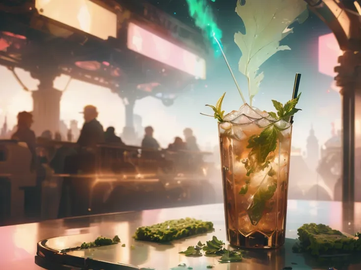 (Masterpiece:0.85),(Hopeless:0.8) <lora:FragRealityTech:0.75> A cool refreshing (mint:-2) julep being served as reality collapses in on itself, a final drink to say goodbye, fragrealitytech <lora:AdvancedEnhancer:1> wide shot,(Retrofuturism:0.8),(Berlin Secession:1.15),(Vivid Colors:0.8)