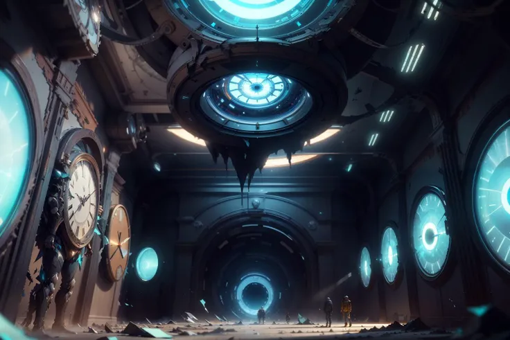 masterpiece, best quality, volumetric lighting, (surreal:1.1) ,
inside a gallery of timelines,
cinematic scene, <lora:FragRealityTech-20:0.3> fragrealitytech , shattered warped reality, scifi, <lora:UltraBlackholeTech-20:0.5>, clocks, 1boy, ulblackholetech, excessive energy