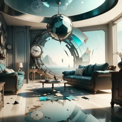 <lora:FragRealityTech-20:1>,fragrealitytech , scifi , shattered warped reality , refractions, space time ,  
(living room interior design:1.2) ,