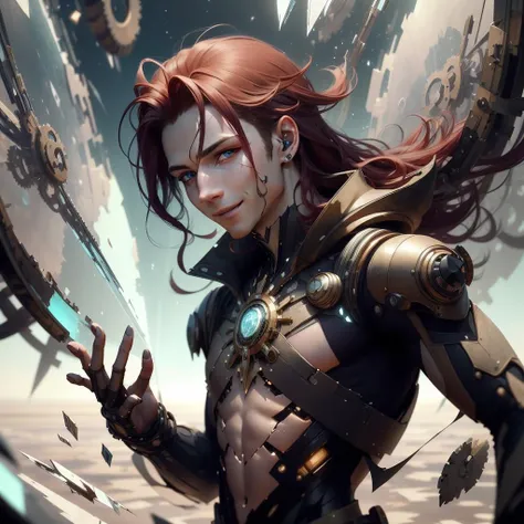 <lora:FragRealityTech-20:1>,fragrealitytech  , scifi ,  shattered warped reality ,  refractions, time and space , 
scholar , scroll, 1boy,long hair, red hair, glowing eyes, smile ,closed mouth,