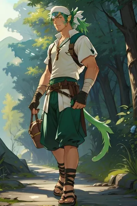 An masterfully crafted and intricate fantasy portrait depicting an rugged and determined middle-aged male elf ranger, clad in earthy tones, sporting vibrant green hair, wielding a bow and arrow with fierce precision, and holding a short sword with a determined gaze fixed upon his target.