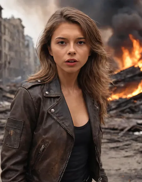Amidst the desolate backdrop of a ravaged city, Daria Koso emerged as a captivating figure, clad in her worn yet alluring leather jacket and combat uniform, with wavy brown hair cascading down her face and revealing her realistic, attractive physique accentuated by a tight top; her hauntingly beautiful eyes reflecting the fire's intensity, while the winds of change sweep through this dystopian realm. <lora:tlttui18e7d389d1au5d4:1>