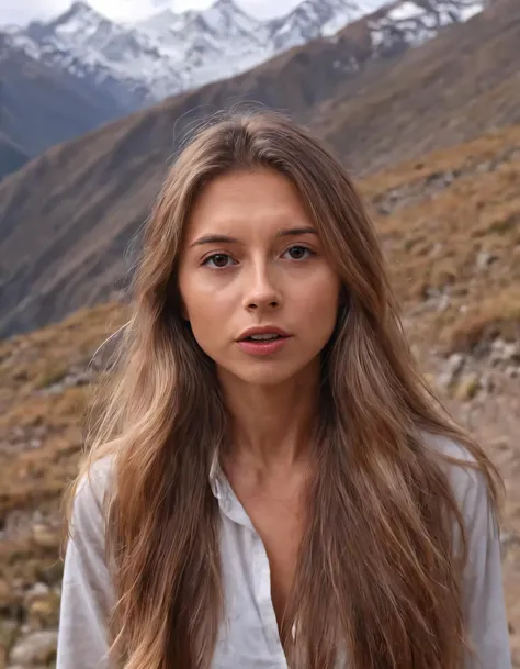 Graced with luminous skin, captivatingly beautiful Daria Koso, a woman with long locks flowing through her brown eyes' gaze, embarks on a soul-stirring hike in the majestic Andes, traversing through stunning landscapes and breathing in every breath of the unspoiled wilderness. <lora:mtxmnz18e7d155e7fm57c:1>