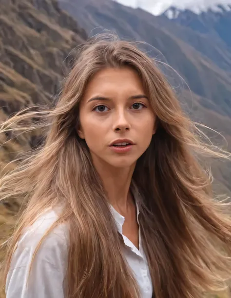 Graceful Daria Koso, with her glistening brown eyes and cascading long hair, ventured through the magnificent Andes, captivating everyone's attention as she gracefully trekked alongside vibrant landscapes and breathtaking vistas. <lora:mtxmnz18e7d155e7fm57c:1>