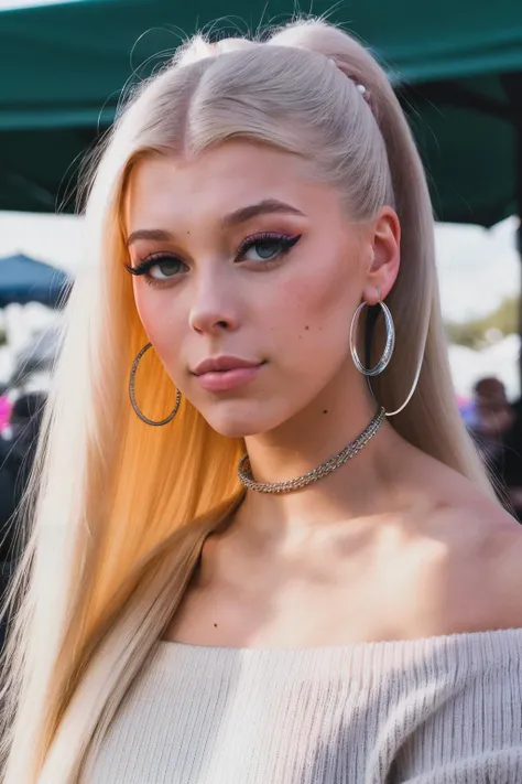 lorenGray1 piercing eyes, looking straight, very happy,long hair, wearing an off-shoulder sweater, choker, closeup portrait, in a outdoor cafe in 2015, afternoon light
