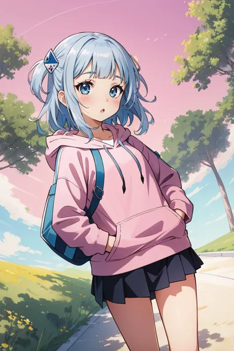 (masterpiece, best quality),  intricate details,
1girl,    <lora:guragawr-lora-nochekaiser:0.8> gura gawr, blue hair, grey hair, medium hair, multicolored hair, shark girl, two side up, teeth,blue nails, hood, long sleeves,  blue eyes,  hoodie, hands in pocket, 
 <lora:smallcirclemouth_v100:0.8> open mouth, (:o),  <lora:otherworld_v1:0.8>  pink sky, road, yellow cloud, kai planet, pink sky, grass, tree, flowers, floating,