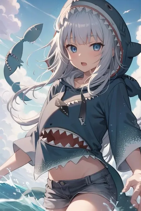 guragawr, <lora:guragawr-lora-nochekaiser:1>,
gura gawr, blue hair, grey hair, medium hair, multicolored hair, shark girl, sharp teeth, two side up, teeth,
BREAK (animal hood:1.5), blue nails, fins, fish tail, hood, long sleeves, (shark hood:1.5), shark tail, tail,
BREAK looking at viewer,
BREAK outdoors, ocean, submerged,
BREAK <lyco:GoodHands-beta2:1>, (masterpiece:1.2), best quality, high resolution, unity 8k wallpaper, (illustration:0.8), (beautiful detailed eyes:1.6), extremely detailed face, perfect lighting, extremely detailed CG, (perfect hands, perfect anatomy),
