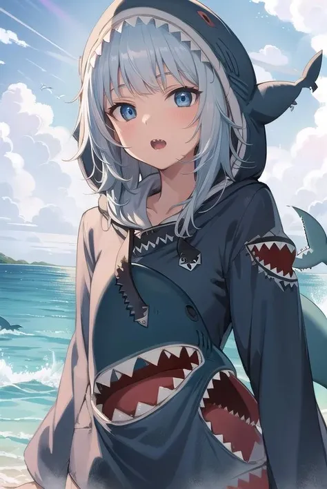 (masterpiece, highest quality, 8k, 16k, high quality, best quality:1.3), gura gawr, blue hair, grey hair, medium hair, multicolored hair, shark girl, sharp teeth, two side up, teeth, (animal hood:1.5), blue nails, fins, fish tail, hood, long sleeves, (shark hood:1.5), shark tail, tail, outside, beach, smiling, looking at viewer <lora:GoodHands-beta2:1> <lora:guragawr-lyco-nochekaiser:1>