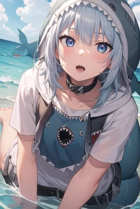 guragawr, <lora:guragawr-lora-nochekaiser:1>,
gura gawr, blue hair, grey hair, medium hair, multicolored hair, shark girl, sharp teeth, two side up, teeth,
BREAK (animal hood:1.5), blue nails, fins, fish tail, hood, long sleeves, (shark hood:1.5), shark tail, tail,
BREAK looking at viewer,
BREAK outdoors, ocean, submerged,
BREAK <lyco:GoodHands-beta2:1>, (masterpiece:1.2), best quality, high resolution, unity 8k wallpaper, (illustration:0.8), (beautiful detailed eyes:1.6), extremely detailed face, perfect lighting, extremely detailed CG, (perfect hands, perfect anatomy),
