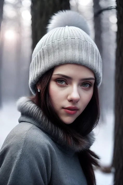 ScarlettJ_SoloTI_v1,
a beautiful woman, perfect hair, (modern photo,Cozy oversized sweater, knitted beanie, faux fur boots:1.1), closeup portrait, 85mm, (analog, cinematic, film grain, hazy atmosphere:1.3), ((Snow-covered forest backdrop, serene and enchanting, winter twilight:1.2)), detailed eyes, (painted lips), (seductive), (cinematic shot:1.3),
<lora:add_detail:0.6>, <lora:LowRa:0.4>