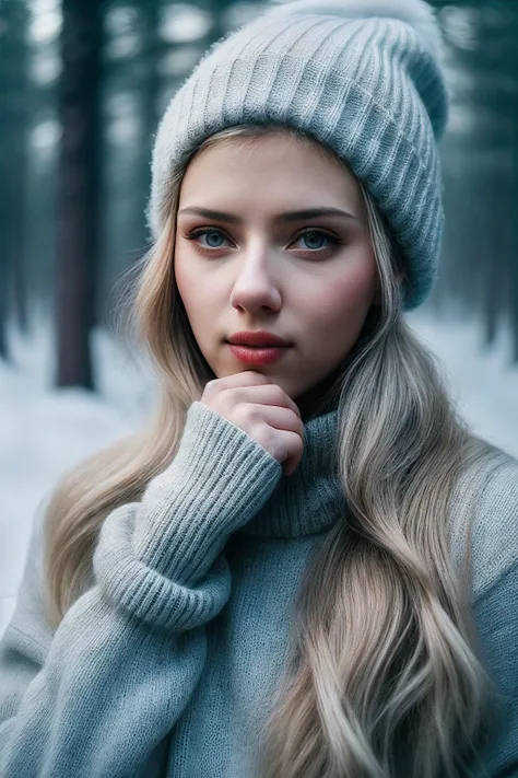 ScarlettJ_SoloTI_v1,
a beautiful woman, perfect hair, (modern photo,Cozy oversized sweater, knitted beanie, faux fur boots:1.1), closeup portrait, 85mm, (analog, cinematic, film grain, hazy atmosphere:1.3), ((Snow-covered forest backdrop, serene and enchanting, winter twilight:1.2)), detailed eyes, (painted lips), (seductive), (cinematic shot:1.3),
<lora:add_detail:0.6>, <lora:LowRa:0.4>