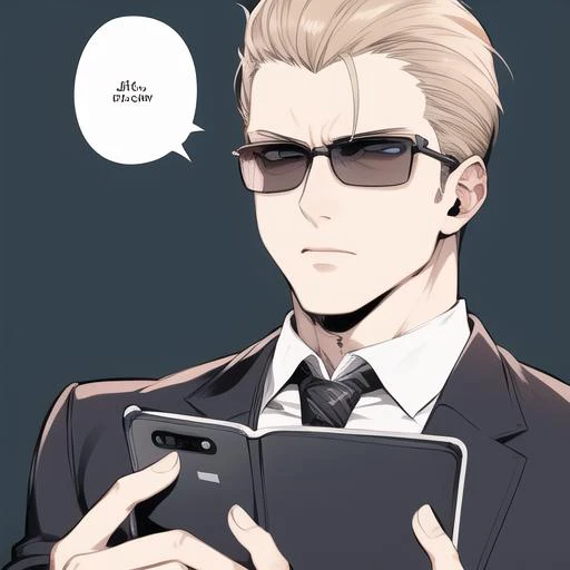 albert wesker looking at his smartphone, reading a message, combed back hair, high quality, high definition, masterpiece,
