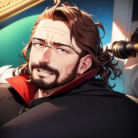 anime style illustration of (NikoPueringer:0.99) a man with short brown curled hair, solo, 1boy, wearing a black jacket with a feathered collar, (with a beard and facial hair:1.1), detailed face, closed mouth, (with a surprised look on his face:1.1), high quality, high detail, masterpiece, art by Tomioka Jirou
