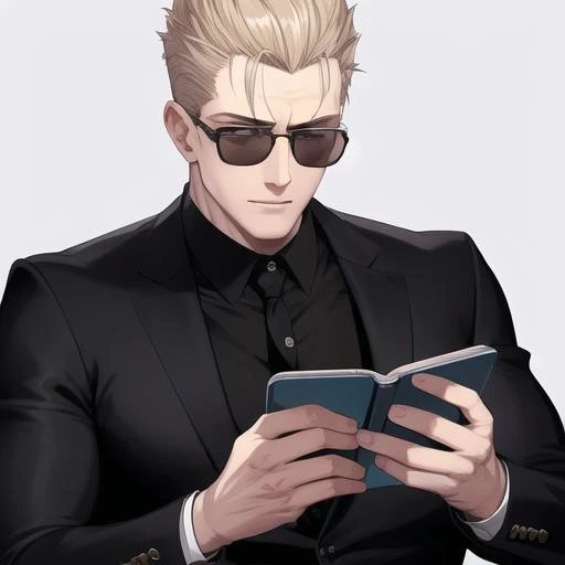 albert wesker looking at his smartphone, reading a message, combed back hair, high quality, high definition, masterpiece,