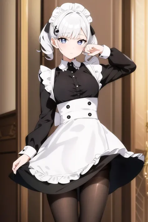 masterpiece, best quality, 1girl, maid, greeting pose, house interior background, black and white maid outfit, hair ornament, pantyhose, lewd