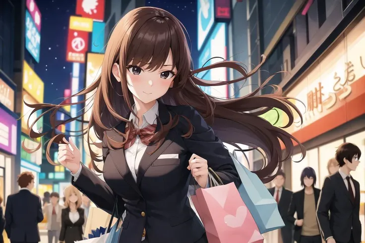 masterpiece, best quality, anime, 1girl,  night, cyberpunk, crowd, street, solo, school uniform,blazer, brown hair, black eyes, shopping, shopping bags, hair blown by wind, holding shopping bags