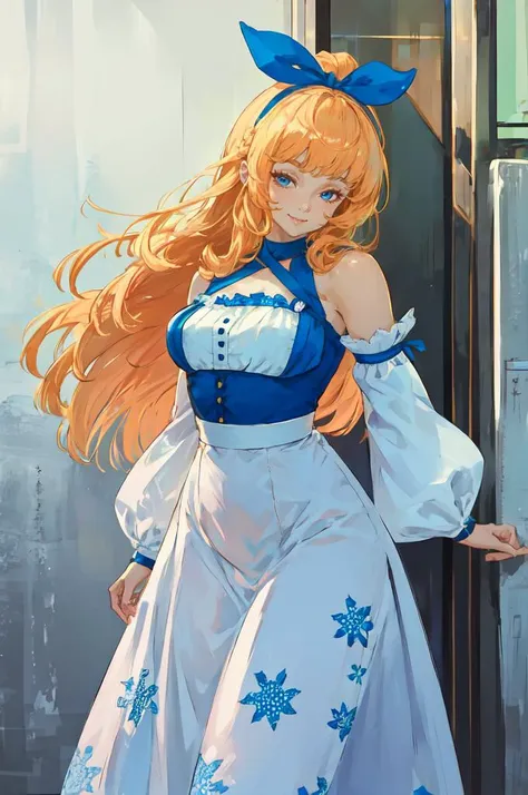 white and blue theme, <lora:tezy8 - Tezy8 Style:0.8> tezy8,, ultra detailed, masterpiece, best quality, solo, soft smile, light smile,
1girl, blue eyes, very long hair, blonde hair, long blonde hair, french braid, bangs, medium breasts,
hair ribbon, frilled choker, criss-cross halter, sleeveless dress, high-waist skirt, backless dress, waist bow, detached sleeves, frilled sleeves, wide sleeves, pantyhose, patterned legwear, mary janes,