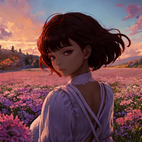 beautiful, 1girl, <lora:tezy8 - Tezy8 Style-000006:0.7>, floating hair, short hair, white dress, flower field, bored,